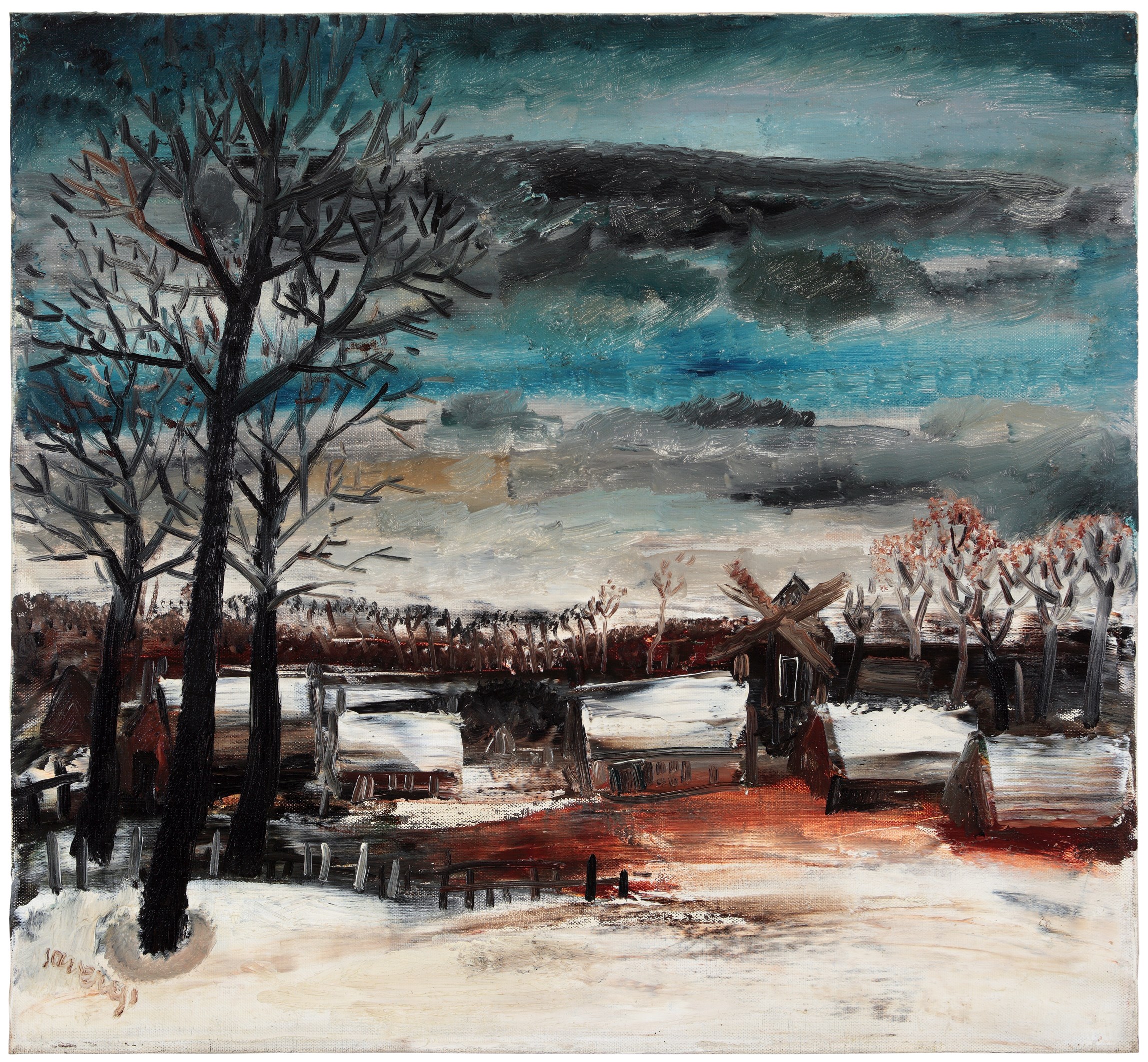 Snow landscape with windmill